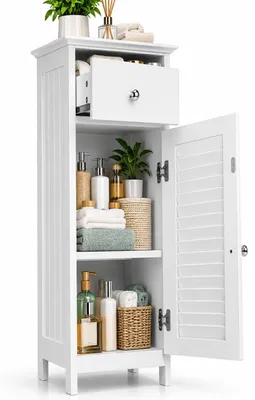 Badschrank mit Schublade und 2 Regalböden, MDF, Weiß, 32x30x87 cm