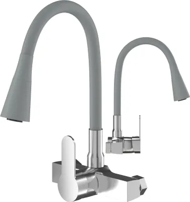 A studio shot of a wall-mounted kitchen faucet with two flexible grey spouts.