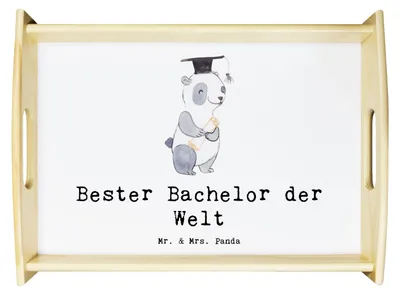 Produktbild von Mr. & Mrs. Panda Deko Tablett Panda Bester Bachelor der Welt - Weiß - Geschenk, sofatablett, Abschluss, Sofa, Holztablett, Servier, Geschenkidee, Alumni, Bett-Tablett