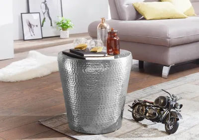Produktbild von FineBuy Beistelltisch rund 41 cm Metall silber - Orientalischer Design Wohnzimmertisch Aluminium - Hammerschlag Alu kleiner Couchtisch - Dekotisch