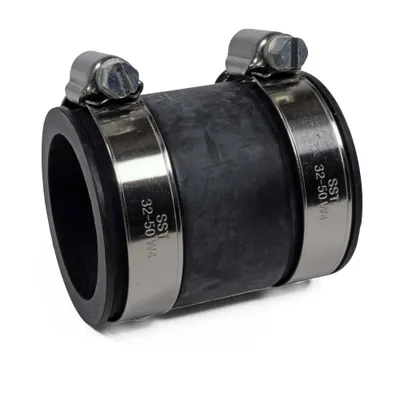 A black rubber hose connector with two silver metal hose clamps, shown against a white background.