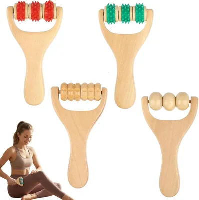 Image de Rouleaux de massage en bois avec poignée, lot de 4, ergonomiques, pour le dos et les jambes