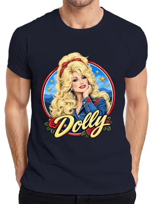 Immagine prodotto di T-shirt da uomo, stile western, con la scritta "Dolly Parton", cantante leggendaria della musica country, colore blu navy, taglia S
