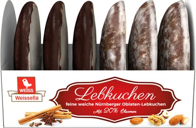 A box of Lebkuchen cookies with a close-up view of the cookies and ingredients.
