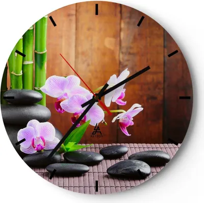 Produktbild von Wanduhr - Rund - Glasuhr - Bambus Dekoration Blume Orchidee - 40x40cm - Schleichendes Uhrwerk - Lautlos - zum Aufhängen bereit - Dekoration Modern - Wanddekoration aus Glas - C3AR40x40-2167