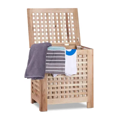 Produktbild von Wäschekorb aus Walnussholz 70 Liter Gitterdesign mit herausnehmbarem Baumwollsack