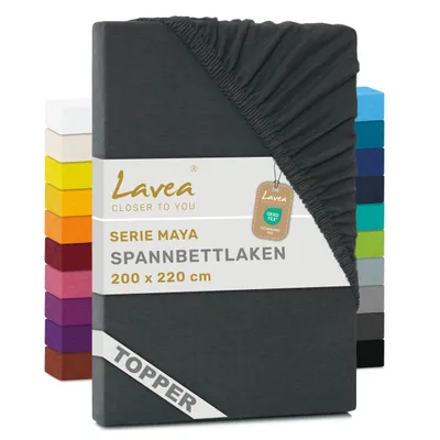 Produktbild von Lavea® Topper Spannbettlaken 200x220 cm, Maya 100% Jersey Baumwolle – Weiches Spannbetttuch Topper bis 10 cm- Anthrazit