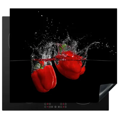 Produktbild von KitchenYeah© Herdabdeckplatte Paprika - Gemüse - Stilleben - Wasser - Rot , 59x51cm, Küche Deko, Glaskeramikkochfeld Herdabdeckung, Abdeckplatte fùr Kochfeld
