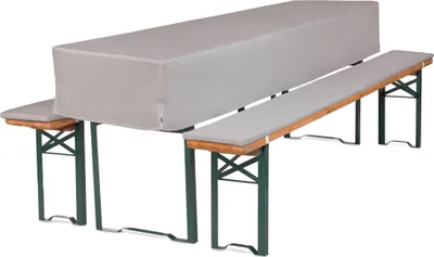 A picnic table and benches with a gray cover on the table and gray cushions on the benches.