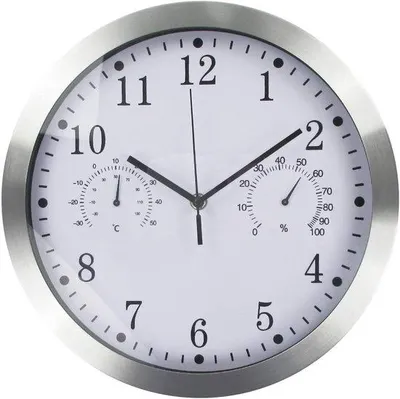 Image de Horloge murale ronde en aluminium avec thermomètre et hygromètre, pour le salon, la cuisine et le bureau (argent).