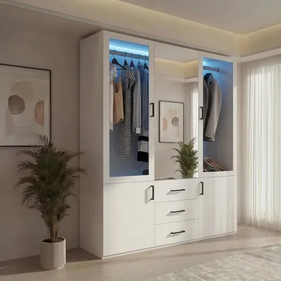 Produktbild von Kleiderschrank - Schlafzimmerschrank - 130 cm breit - Schiebetüren - Spiegelfront - LED-Beleuchtung - Holzwerkstoff - Minimalistisches Design