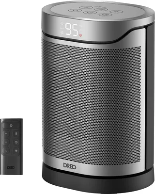 A Dreo electric heater and its remote control are shown against a white background.