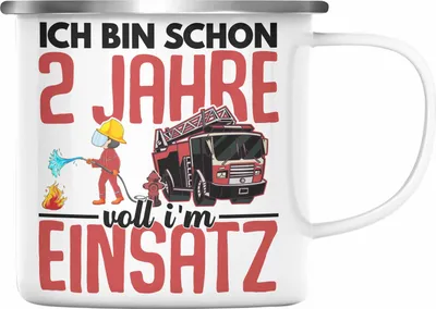 Produktbild von Trendation - 2. Geburtstag Geschenk Jungs Feuerwehr Emaille Tasse Geschenke Zubehör Lustig Kinder Geburtstag Spruch Ich Bin 2 (Silber)