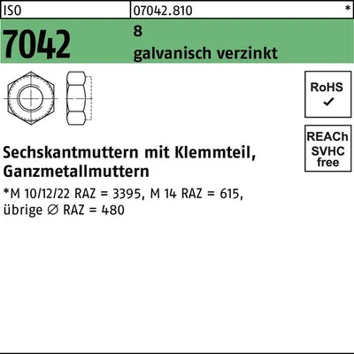 Produktbild von Reyher  Sechskantmuttern ISO 7042 8 M 16 galv. verzinkt gal Zn (100 Stück)