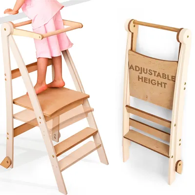 Obrázek produktu pro Montessori dřevěná učební žebřík, prostorově úsporný, skládací učební žebřík, stolička pro děti, skládací dětské schody, učební žebřík s ochranou proti převrácení a 2 stupni