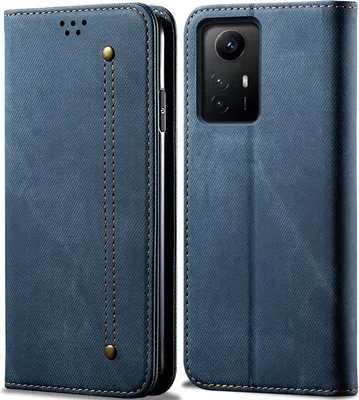 A blue flip-style phone case for a Redmi Note 12S is shown from the front and side.