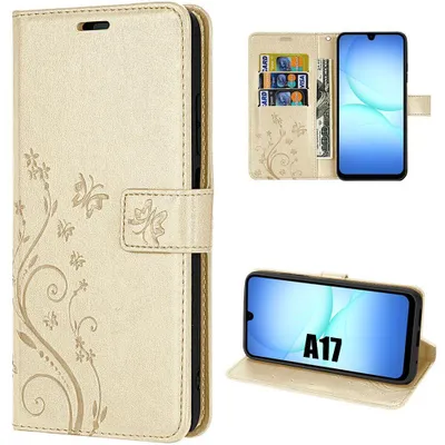 Image de Coque pour Samsung Galaxy A17 5G/4G, Protection Rabat Antichoc Synthécuir Doré Motif Papillon Fleur