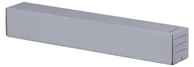 A long, rectangular, gray cardboard box is shown against a white background.