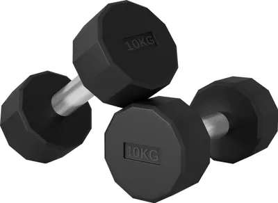 Produktbild von 2x10kg Kurzhantel-Set mit Anti-Roll-Design, rutschfestem Griff, Gummiüberzug und Metallkern - Schwarz - Fitnessgewicht für Krafttraining