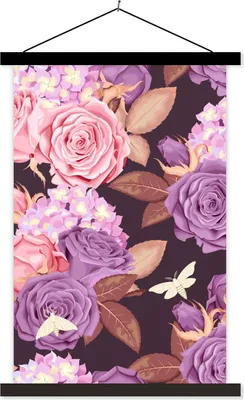 Produktbild von MuchoWow® Textilposter Blumen - Lila - Rosa - Schmetterlinge 60x90 cm mit schwarzem Rahmen - Poster Wohnzimmer