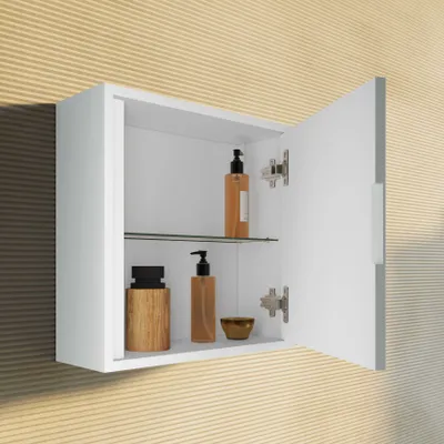 Produktbild von Kleiner Hängeschrank 39x39x16 cm, 1 Regalboden aus Glas, mattweiße Farbe | Monaco