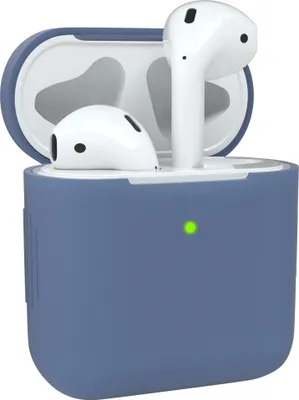 A blue silicone case for AirPods with the AirPods inside.