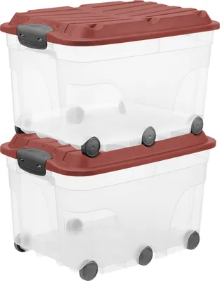 Two clear plastic storage boxes with red lids and gray handles are stacked on top of each other. Both boxes have wheels on the bottom.
