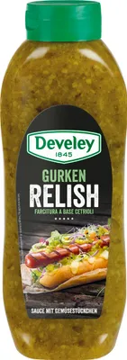 A bottle of Develey Gurken Relish sauce with a label showing a hot dog.