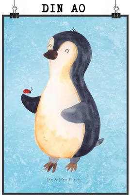 Produktbild von Mr. & Mrs. Panda Bild Pinguin Marienkäfer DIN A0 - Eisblau - Geschenk, wanddeko, Kleine Wunder, Wandbild, Liebe, Plakat, Aufmerksam, Glück, Pinguine, drucke