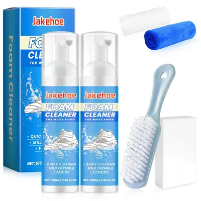 Productafbeelding van flintronic Schoenreiniger, 100 ml No-Rinse White Trainer Cleaner Foam, Schoenreinigingsset met borstel handdoek, Sneaker Cleaner voor witte schoenen, leer, gebreid, laarzen, canvas, suède, PU