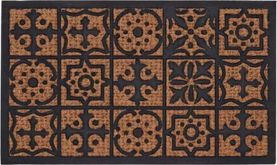 Image de Paillasson rectangulaire mosaïque en caoutchouc et fibre de coco - Noir/Beige - L 75 x l 45 cm