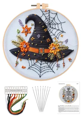 Produktbild von 1 Halloween-Stickset mit Stickrahmen, Garn, Schere, Einfädler, Anfänger-Stickset mit gotischem Kreuzstichmuster, Handstickerei-Starterset, Geschenk für DIY-Begeisterte E