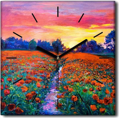 Produktbild von Coloray Uhr auf Leinwand 30x30 cm Wand Uhr Dekoration Wohnzimmer Segeltuch schwarze Hände -Wiesenwaldsonnenuntergang