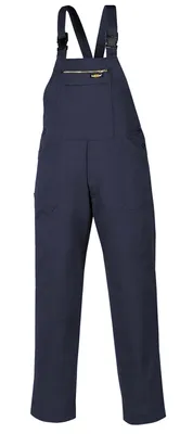 A pair of navy blue overalls is shown against a white background.