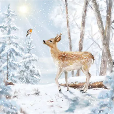 Produktbild von 20 Servietten Meeting in the Winterworld - Reh trifft Vogel im Winterwald 33x33cm