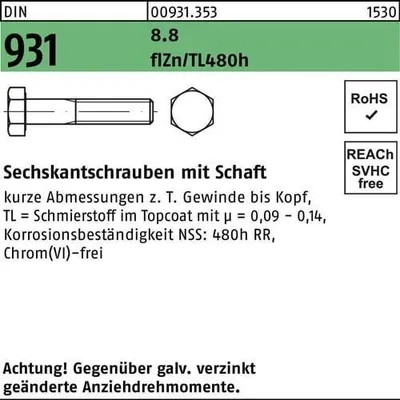Produktbild von Reyher  Sechskantschrauben DIN 931 8.8 M 8x45 flZn (200 Stück)