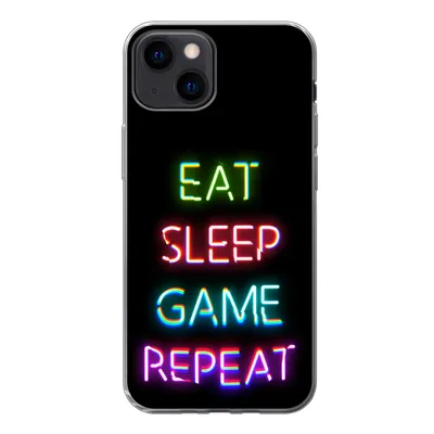 Produktbild von MuchoWow® Handyhülle Schutzhülle Hülle für iPhone 13 mini Gaming - Led - Zitat - Eat sleep game repeat - Gaming Silikon Softcase Handy Hülle - Softcase