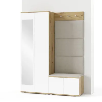 Produktbild von Garderoben-Set Aura Version 1: Kleiderschrank mit Polsterpaneelen, Schuhschrank Flur und Eingangsbereich (weiß/Artisan-Eiche /Trinity 01)