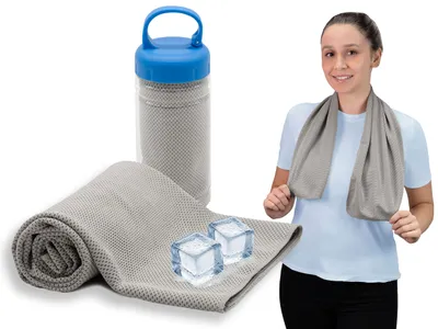 Produktbild von Kühlendes Sporthandtuch / Fitness Handtuch, 30x90 cm, grau mit Aufbewahrungsdose
