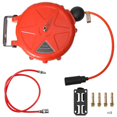 Image de Bobine de tuyau d'air comprimé - Enrouleur de tuyau mural - 10 mètres - Rétractation automatique - Support pivotant - Rouge