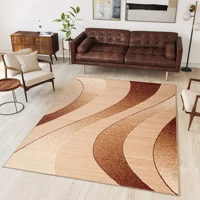 Imagen del producto de Alfombra Silecomplaza Dream, diseño moderno para sala de estar, con motivos de ondas y rayas, en tonos beige, marrón claro y crema, con un ligero efecto jaspeado. Ideal para sala de estar, dormitorio, comedor o habitación de invitados. Certificación . Dimensiones: 140 x 200 cm