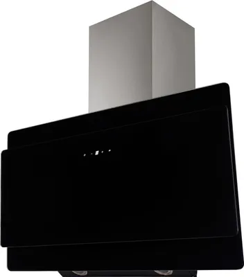 A black and silver range hood against a white background.