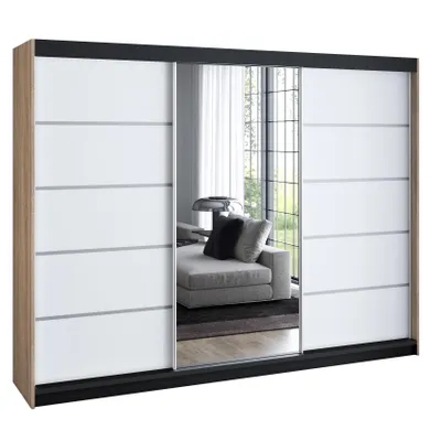 Produktbild von Schwebetürenschrank 200 cm, 3-türig, mit Spiegel & 4 Schubladen, Retro-Stil, modern – Kleiderschrank VILUNO 3 Sonoma /  weiß /  weiß