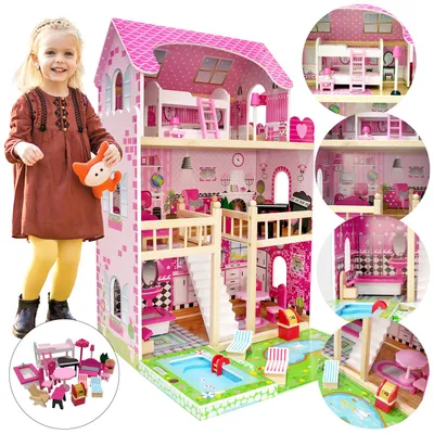 Produktbild von 4iQ Holzpuppenhaus DARIA mit Tarasse, Schwimmbad und Zubehör 59,5x59x90 cm