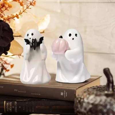 Produktbild von 2 Stück Halloween Deko Geister Figuren mit Fledermaus Kürbis Deko Halloween Dekoration Innen Harz Geisterfigur Ornament Geist Tischdeko Geister Herbst Dekoration Statue Für Tisch Herbstdeko (A+B)