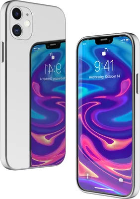 Two iPhones are shown, one behind the other, with the front-facing view of the phone on the right and the back-facing view of the phone on the left. Both phones display a colorful wallpaper.