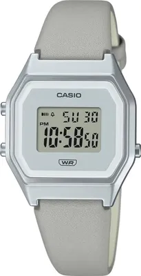 A digital watch with a gray band on a white background.