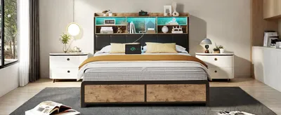 Obrázek produktu pro Manželská postel 140x200 cm s kovovým rámem 600 kg, 4 úložné zásuvky, USB port, LED osvětlení, pohodlné čelo z PU