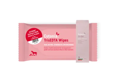 Imagen del producto de CUTANIA® Zn Clean & Protect: Set de cuidado para perros y gatos que incluye gel CUTANIA® Zn (30 ml) y toallitas CUTANIA® TrisEDTA (24 unidades)