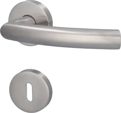 A silver door handle and a keyhole escutcheon plate are shown against a white background.